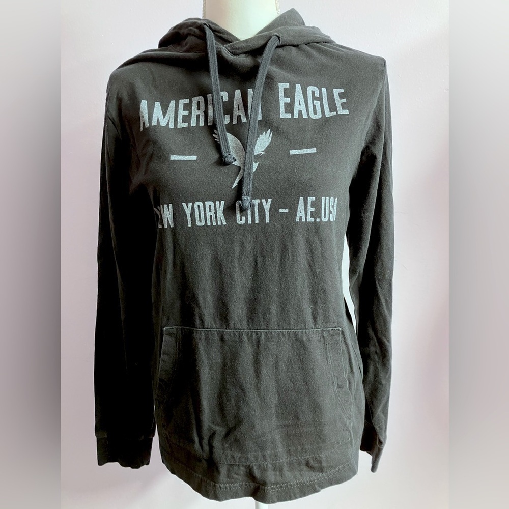 American Eagle Women’s Pullover Tie Hoodie, Size XS, Black/Gray